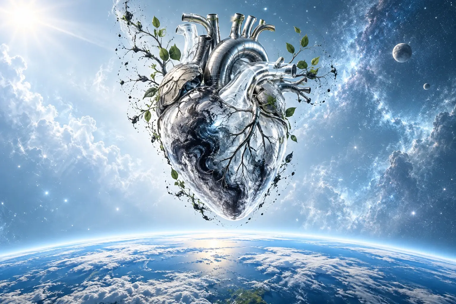 地球上空，由水墨、玻璃、机械与植物共同组成的人类心脏